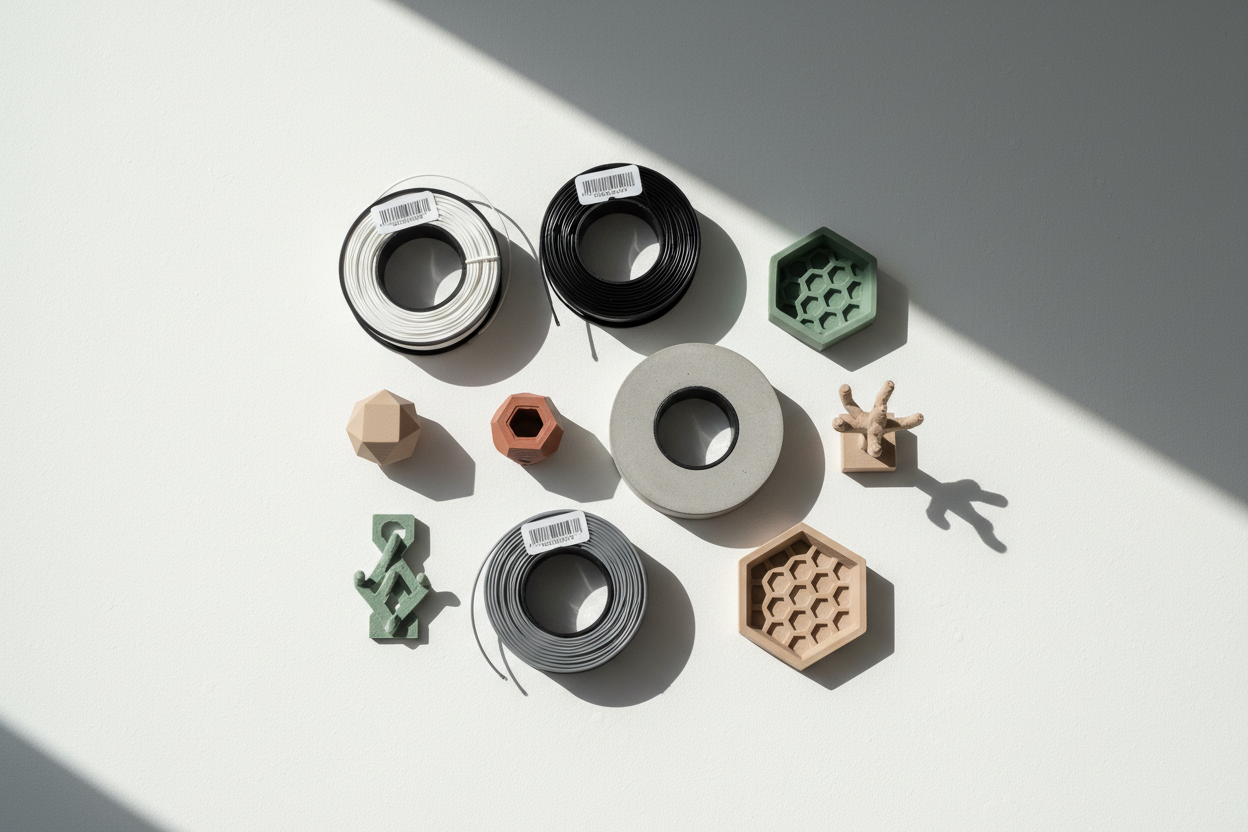 3D-Druck Materialien in verschiedenen Farben und Formen.