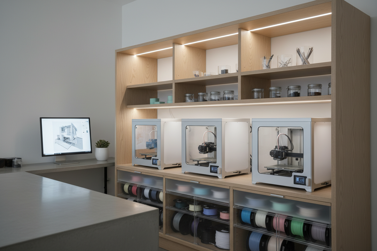 Vier 3D-Drucker im Schrank.
